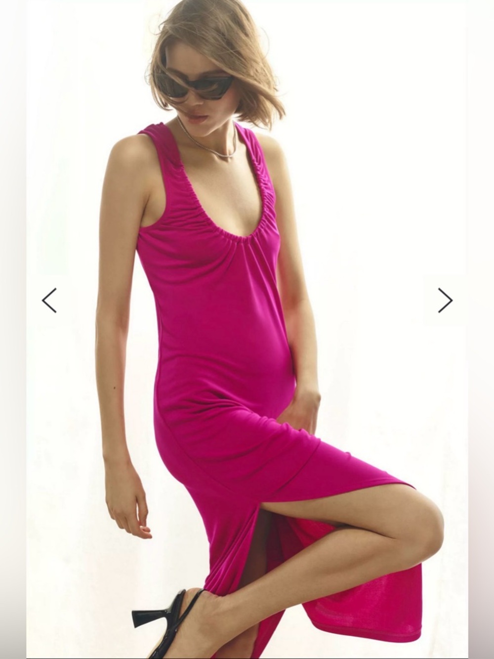 Anthropologie Ruched Scoop-Neck Midi Dress Fuschia Pink Sleeveless Dress Slit - Picture 4 of 4